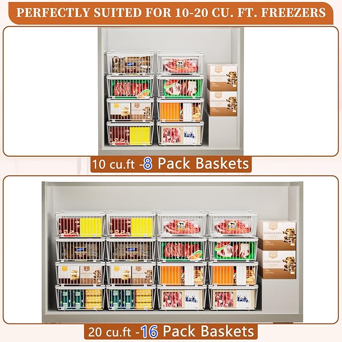 Large Freezer Organizer Bins，Upgraded Bottom Leak-Proof net，4 Pack， Expandable Stackable Chest Freezer Containers with Handle，for Fridge, Deep Freezer, Cabinet, Kitchen, Pantry (White-4Pack)