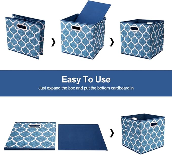 13x13x13 Inch Cube Storage Bins Blue Navy Foldable Grid Lantern Print Fabric Storage Basketes for Home Organizers Storage Drawer,QY-SC02-6