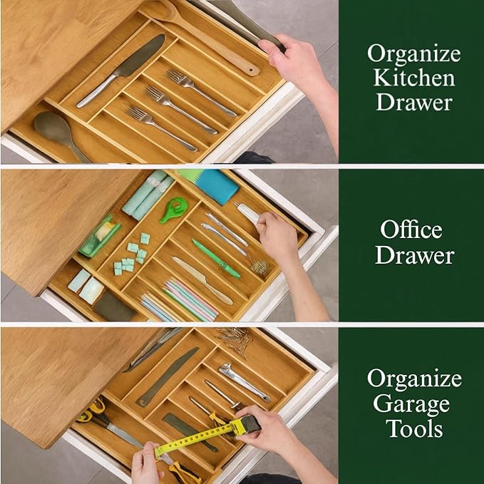 Bamboo Drawer Organizer – Expandable 9 Slot Silverware & Utensil Tray for Kitchen, Office & Kitchen –Fits 13”–19.6” Drawers, Natural Bamboo Wood, Deep Compartments - Durable & Eco-Friendly