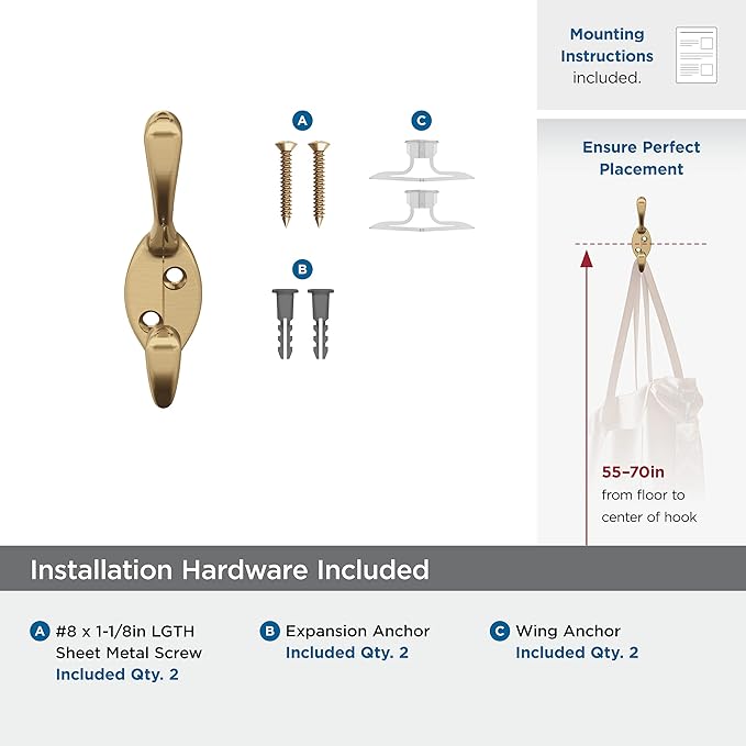 Amerock H55451CZ | Noble Double Prong Decorative Wall Hook | Champagne Bronze Hook for Coats, Hats, Backpacks, Bags | Hooks for Bathroom, Bedroom, Closet, Entryway, Laundry Room, Office