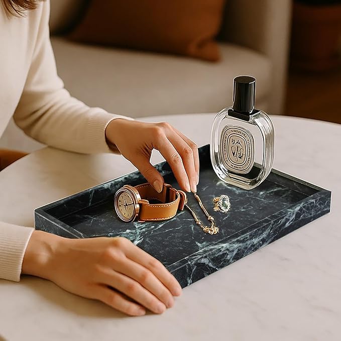 Koville Natural Marble Tray, 12x8â Coffee Table Vanity/Decorative Tray for Jewerly, Watch, Perfume Candle Storage for Bedroom/Bathroom/Kitchen Countertop(Indian Green Marble)