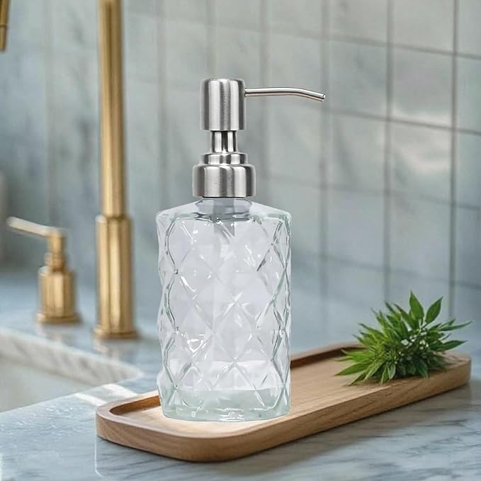 12Oz Clear Glass Soap Dispenser with Stainless Steel Pump, Refillable Kitchen Liquid Hand Soap Dispenser with Diamond Design, for Dispense Hand soap, Dish Soap, Lotion, Bathroom, Countertop, Hotel