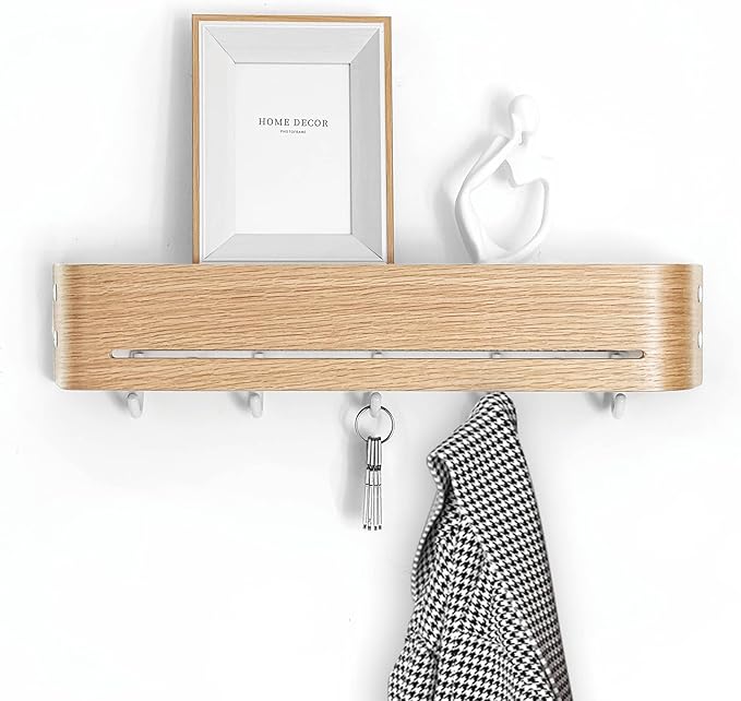 Modern Key Holder Wall Mount with 5 Retractable Hidden Hooks, Heavy Duty Coat Rack Wall Mount, Finland-Designed Entryway Organizer, 17 inch, for Entryway, Living Room, Kitchen, Hallway,Oak