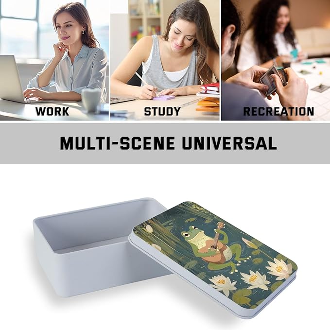 Metal Tin Box with Lid,Multi-functional Storage Large Box Can Store Tea Biscuits Game Cards, Playing & Tarot Cards-Comes with 4 Magnetic Cord Clips,Frog Playing Guitar