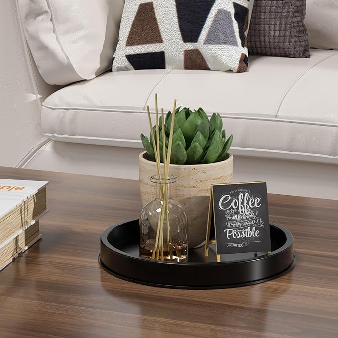 HGF Decorative Tray for Coffee Table,10 Inch Lightweight Metal Round Trays for Kitchen Sink Countertop Organizer Dining Table Centerpiece for Display Candle Vase, Black Round Tray for Bathroom Decor