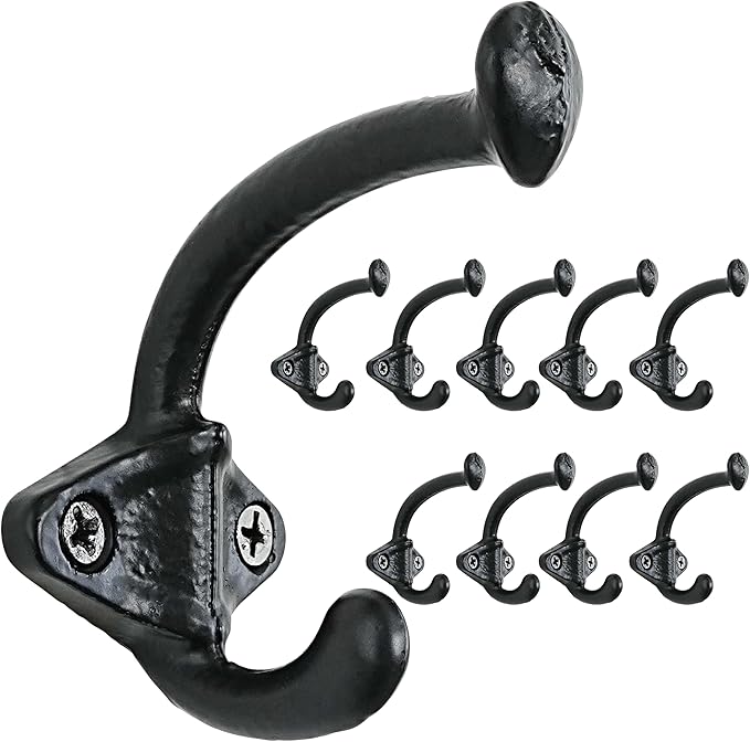 Dseap Cast Iron Wall Hooks, Heavy Duty Coat Hooks, Rustic Vintage Farmhouse Hook for Hanging Winter Coats Jackets Towels Hats Bags Plants, Antique Black, Pack of 10 (ShldCast)