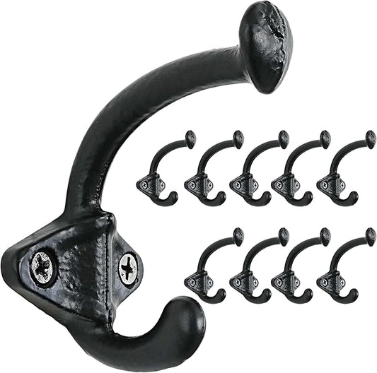 Dseap Cast Iron Wall Hooks, Heavy Duty Coat Hooks, Rustic Vintage Farmhouse Hook for Hanging Winter Coats Jackets Towels Hats Bags Plants, Antique Black, Pack of 10 (ShldCast)