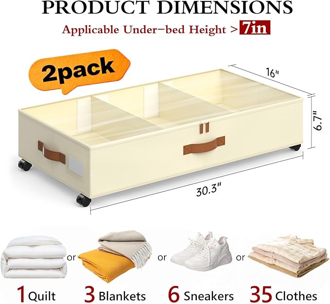Yecaye Under Bed Storage with Wheels, 2 Pack Under Bed Storage Containers with Adjustable Dividers & Clear Lid, Rolling Underbed Organizer Bins Drawer for Clothes, Shoes, Blankets(33.3 x 16.5 x 6.7in)