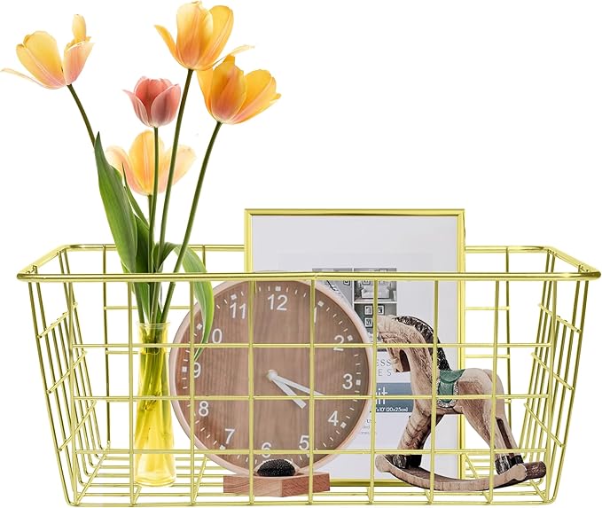 Sturdy Small Wire Storage Basket for Kitchen Food, Pantry Papers, Home Office Desk and Shelf, Bathroom Laundry Room, Bedroom, Silver, Gold