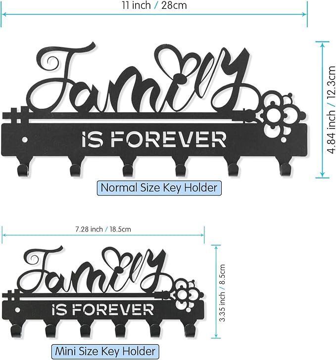 ”Family is Forever”Mini Key Holder Wall Mounted,Small Key Holder on Wall,Black Metal Decorative Key Rack Hooks for Garage,Mudroom,Hallway,Entryway,Front Door,Office(Mini Size:18.5x8.5cm)