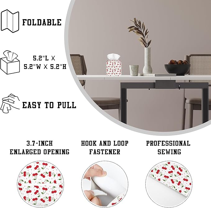 Tissue Box Holder Fruit Cherry Square Leather Tissue Box Cover Modern Cube Facial Paper Cover Case for Bathroom Vanity Countertop Night Stands Tabletop