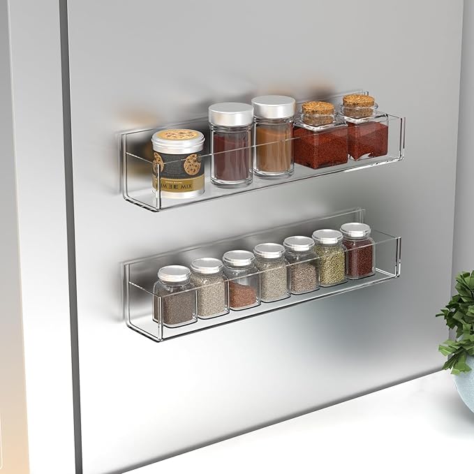 WUIVIUT Invisible Acrylic Wall Spice Rack Adhesive wall mounted rack organizer 11.8 inch spice shelf holder Drilling or self-adhesive organizer rack （Clear-4 Pack）