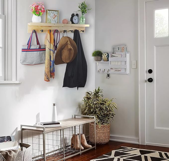 Spiretro Wall-Mounted Key Hooks Holder and Mail Sorter - Rustic Wood White - Entryway Organizer for Letters, Leashes, and Purses - Floating Shelf, 16.5” W x 9.75" H x 4.5” D