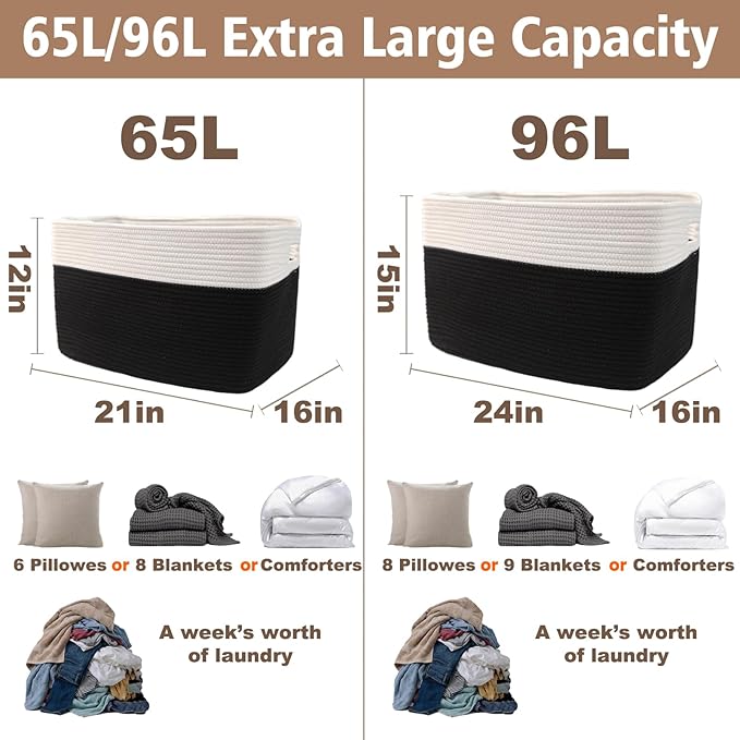 Woven Blanket Basket,65L Large Storage Bin for Blankets Toys Clothes,Decorative Rope Basket for Living Room Bedroom with Handles, White&Black
