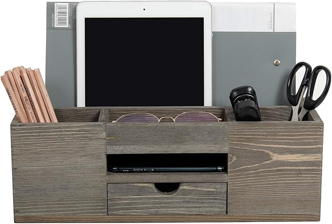 Liry Products Brown Wooden Desktop Organizer Multiple Compartments Rack Shelf Drawer Tabletop Wood Storage Cabinet Office Supplies Caddy Document Stationery Holder Accessory Sorter Vanity Home