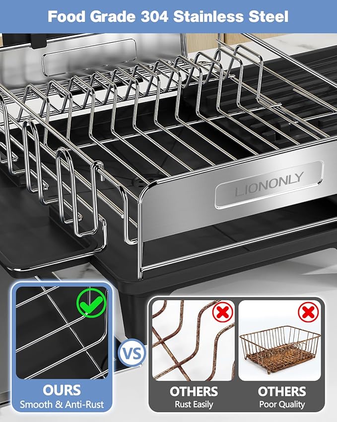 Expandable Dish Drying Rack, Dish Racks for Kitchen Counter, Stainless Steel 304, Flip-Top Retractable Plate, Multi-Directional Adjustable Dish Rack, Space Saving Large Drying Rack Kitchen, Black