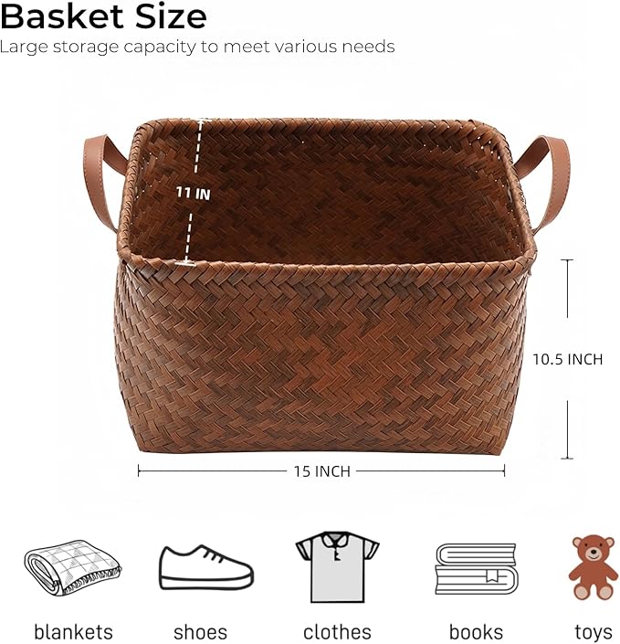 GIB Large Wicker Storage Baskets for Shelves Clothes Blankets Basket Woven Laundry Basket for Organizing, Decorative Rectangular Closet Organizers and Storage Bins with Handles, Brown, 4 Pack