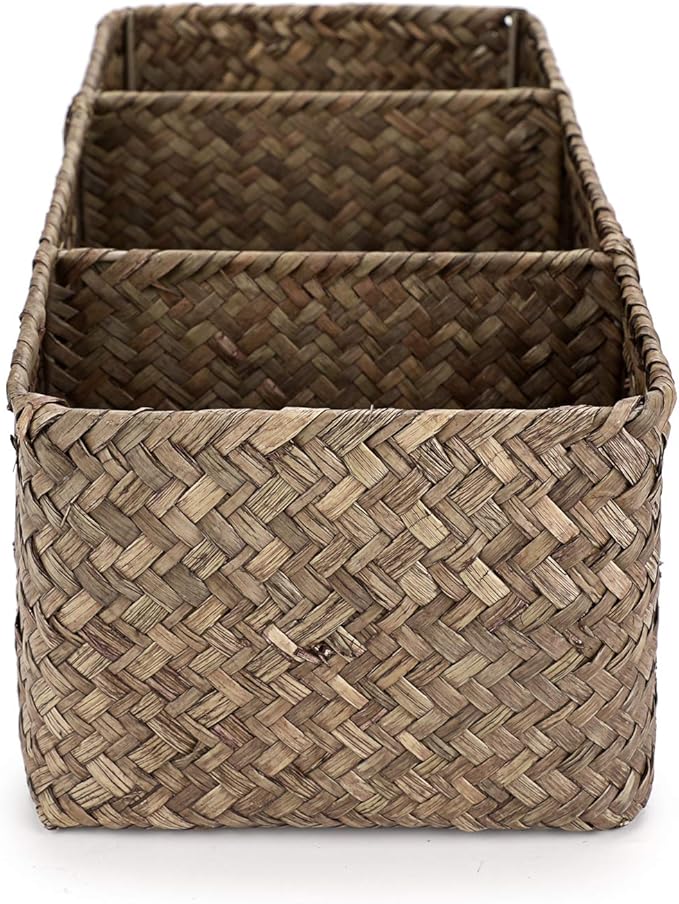 Hipiwe Seagrass Nesting Storage Basket - 3 Compartment Hand-Woven Wicker Toilet Paper Storage Bin Bathroom Organize Basket for Shelves, Kitchen Cabinets, Pantry, Bathroom, Closets Organizer