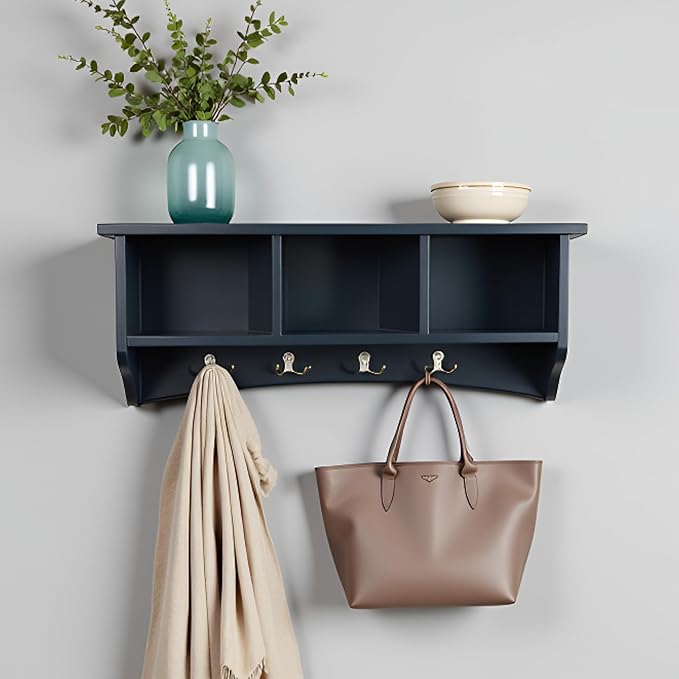 Shaker Cottage Wall-Mounted Coat Rack with 3 Storage Cubbies and 4 Coat Hooks – 36" W x 9" D x 14" H Space-Saving Entryway Organizer or Mudroom Wall Shelf by Alaterre Furniture (Charcoal Gray)