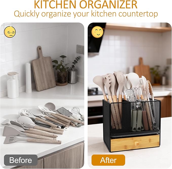 Kitchen Utensil Holder Countertop, Extra Large Utensil Organizer with Drawer, 2-In-1 Utensil & Silverware Holder for Countertop, Kitchen Organizer for Cookware Flatware, with Quick Dry Diatomite Pad