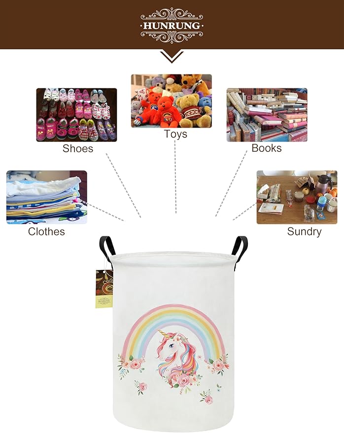 HUNRUNG Laundry Hamper,Large Canvas Fabric Lightweight Storage Basket Toy Organizer Dirty Clothes Collapsible Waterproof for College Dormsï¼Round-Rainbow Unicornï¼