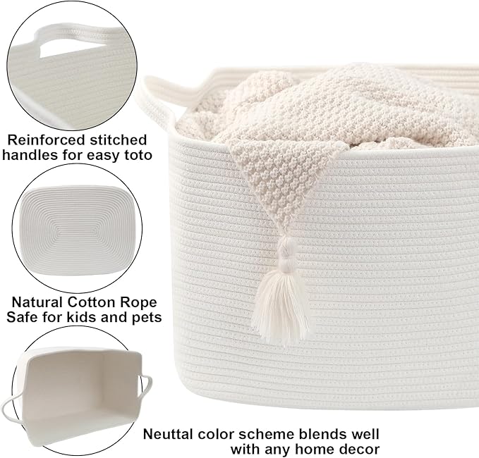 Magazine & Newspaper Baskets,Large Woven Rope Blanket Basket,24"x16"x15"Storage Bin with Handle,Toys Storage,Laundry Basket for Home Organization/Living Room/Nursery/Bedroom,White