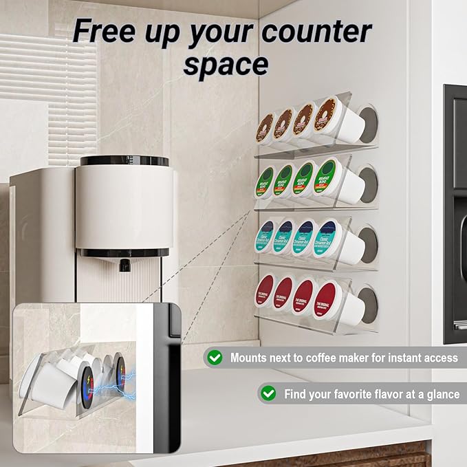 Acrylic K Cup Holder Holds 16 K-Cups, Magnetic & Self-Adhesive Multi-Mount Reusable Coffee Pod Organizer For Kitchen, Fridge, Cabinet (4 Pcs, Clear)