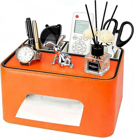 PU Leather Tissue Box Cover Square - Multifunctional Tissue Box Holder with Storage, Tissue and Remote Control Holder Organizer with Compartments for Bedroom Nightstand, Desk, Living Room (Orange)
