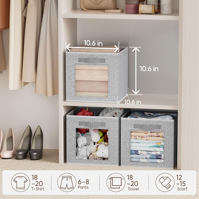 Foldable Storage Cubes - Cubby Storage Organizer with Window, Decorative Fabric Bins for Clothes Storage, Closet Organizers for Shelves, 11inch, Set of 8, Light Grey