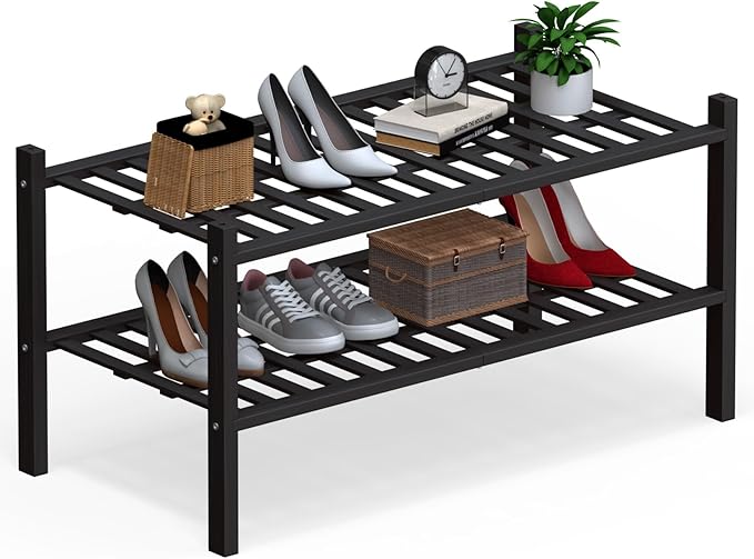 Haddockway Large 2 Tier Bamboo Shoe Rack Storage Organizer, Multifunctional Free Standing Stackable Shoe Shelf with Grid Panel for Closet,Hallway,Entryway,Small Space 27"x12"x14"