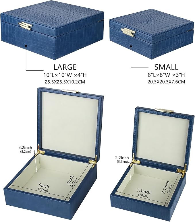 HofferRuffer Square Decorative Boxes, Set of 2 Nesting Storage Memory Keepsake Boxes with Lids, Stylish PU Leather Trinket Jewelry Organizer Box for Home Decor and Storage (Blue Croco)