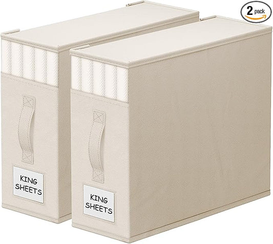 2 Pack Bed Sheet Closet Organizers and Storage,Sturdy Foldable Storage Containers with Window and Label,Storage and Organization for Bedding Sheets,Duvet Covers,Blankets (Beige)