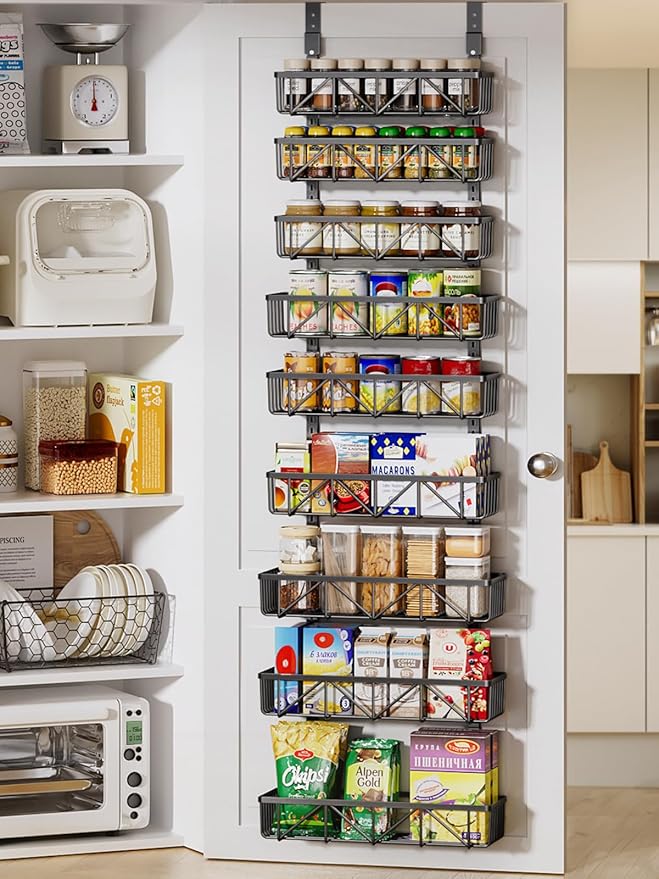 Delamu Adjustable Over the Door Pantry Organizer, 9-Tier Metal Pantry Organization and Storage for Kitchen, Hanging Spice Rack Seasoning Shelves, Cabinet Door Organizer for Easy Install, 16" Black