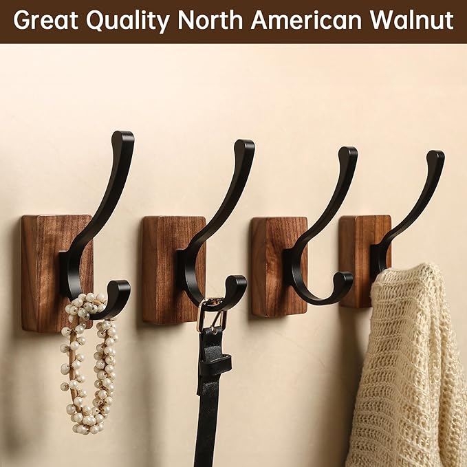 4 Pack Wooden Wall Hooks, Adhesive and Screw Mounted for Heavy Duty, Boho Decorative Coat Hooks for Towel, Clothes, Blanket, Hat, Entryway, Nursery Door