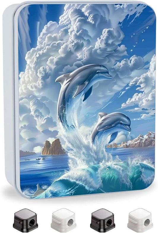 Metal Tin Box with Lid,Multi-functional Storage Box Can Store Tea Biscuits Game Cards, Playing & Tarot Cards-Comes with 4 Magnetic Cord Clips,Cute Dolphins
