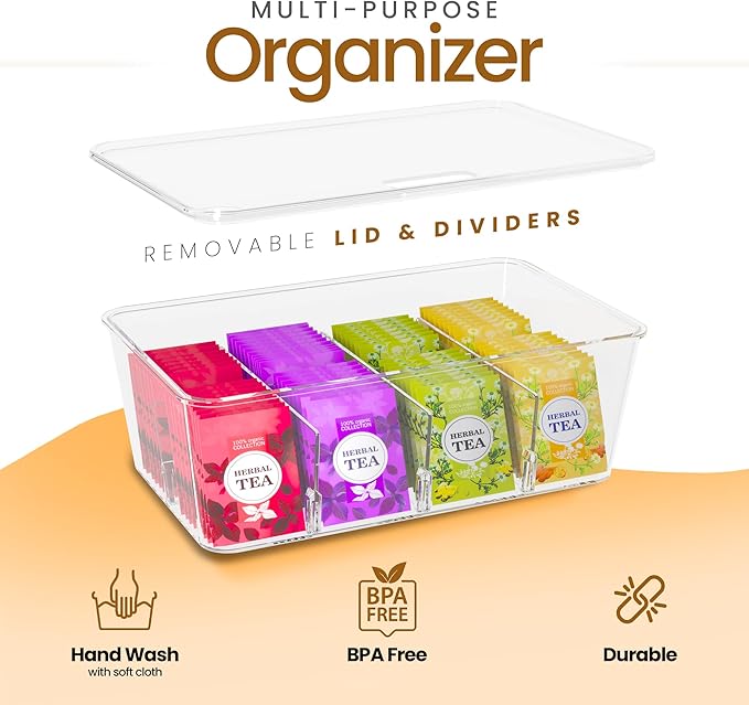 Utopia Home Tea Bag Organizer Set with Lids – 3 Pack Stackable Clear Plastic Storage Bins for Pantry, Cabinet & Fridge – Ideal for Tea, Snacks & Spice Organization
