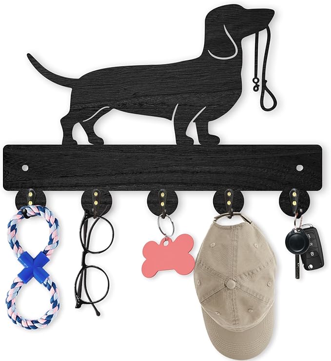 MAYJOYDIY Wood Coat Rack 11.8x8inch Pet Animal Key Holder Hooks Wall Key Rack with 5 Alloy Hooks Dog Leash Holder Wall Art Decor for Dog Lover Gift Entryway Farmhouse Porch