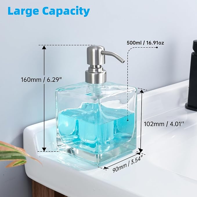 Square Bathroom Soap Dispenser Brushed Nickel, Large Capacity 16.9 oz Glass Bottles with Stainless Steel Pump Retangle Cube Liquid Soap Dispenser Kitchen