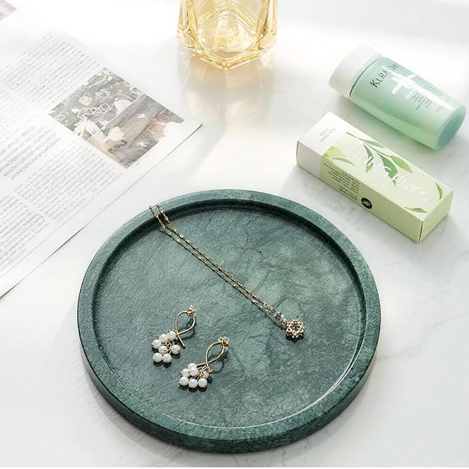 Natural Marble Tray, Round Green Tray for Bedroom/Bathroom/Kitchen/Vanity Countertop, Jewelry Tray for Rings Earrings Necklace Bracelet Watch, Room Decor Aesthetic
