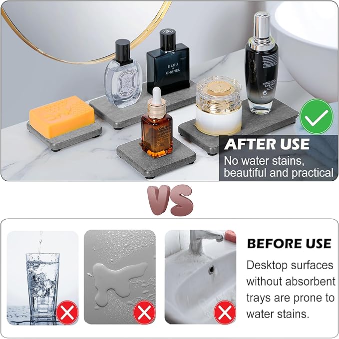 4PCS Water Absorbing Stone Tray, Stone Drying Tray for Bathroom Sink and Kitchen Counter, Fast Drying Diatomite Sink Coasters, Diatomaceous Coaster, Soap Dish Holders