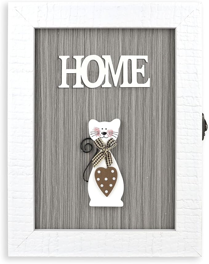 VELISTA Wooden Key Box Wall Mount – Cute and Rustic Decorative Key Cabinet – Premium Cabinet Key Holder with 6-Hooks – Small Key Holder Box - Farmhouse Wall Décor – Vintage Key Rack Cabinet (White)