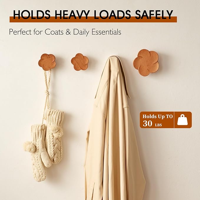Cherry Wood Wall Hooks Flower-Shaped Wooden Coat Rack Wall Mount, Handcraft Coat Hooks Heavy Duty Entryway Wall Hangers for Hanging Hats, Bags, Clothes Decorative Hook (Diameter 12cm, Pack of 1)