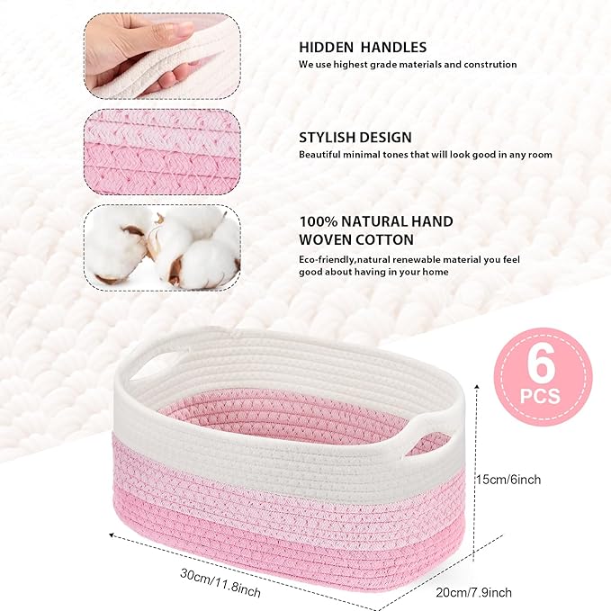 Sawysine 6 Pcs Cotton Rope Woven Basket for Storage Baskets for Organizing Storage Baskets Rope Basket with Handles for Cloth Blanket Toys Living Room Bathroom Laundry (Pink and White)