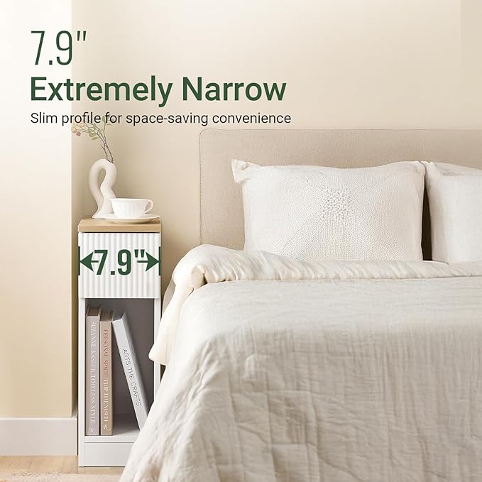 SoBuy Narrow Nightstand Slim Bedside Table with Drawer and Open Shelf, Skinny Modern Nightstand for Bedroom Living Room Dorm, Compact Side Table for Tight Corners and Small Spaces, White FBT111-W