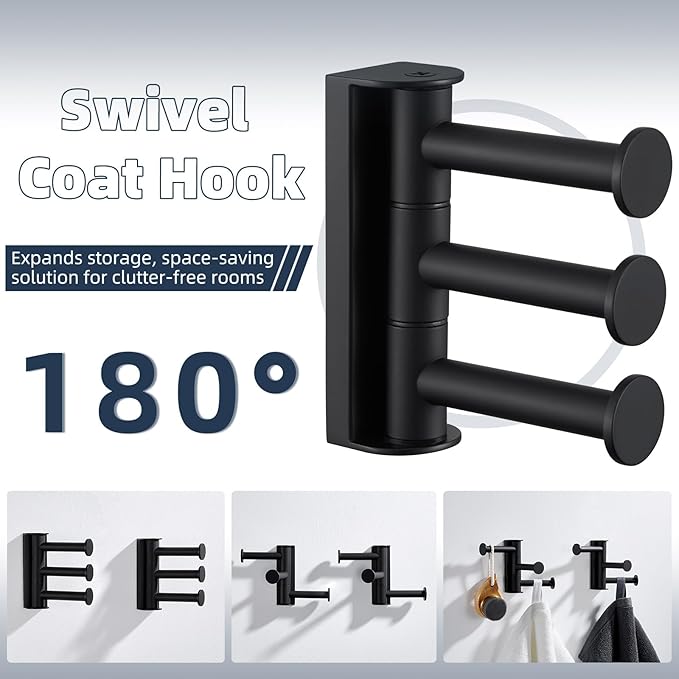 APLusee Swivel Towel Hook for Bathroom 2 Pack, 304 Stainless Steel Matte Black Swivel Coat Hook with 3 Rotating Arms, Flexible Kitchen Towel Hanger Wall Mounted