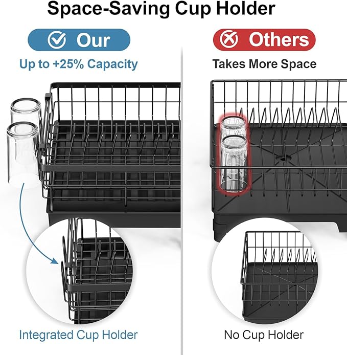 GSlife Expandable Dish Drying Rack for Kitchen Counter - Compact Rust-Resistant Dish Racks with and Cup Holder for Small Apartment, 12.2" W x 12"-20.5" L, Black