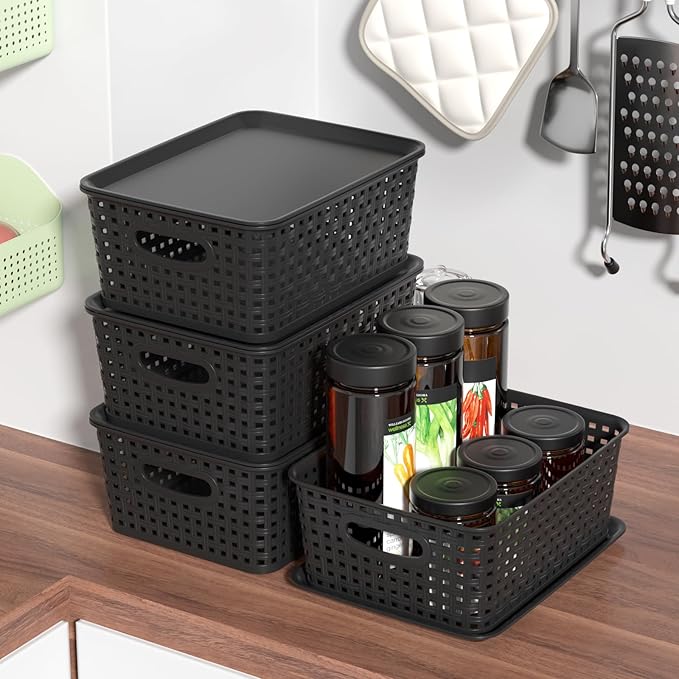 6 Pack Plastic Storage Baskets Bins with Lid, Stackable Lidded Storage Containers for Organizing, Black