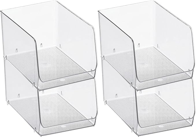 mDesign Stackable Plastic Food Storage Organizer Bin Basket with Open Front for Household Kitchen Cabinets, Pantry, Offices, Closets, Bedrooms, Bathrooms - 7.7" Wide, 4 Pack - Clear