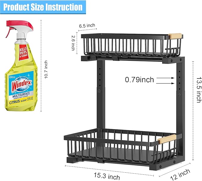 LUWUIDEN Under Sink Organizer and Storage: 2-Tier Adjustable Height Under Sink Bathroom Organizers Multi-Purpose Bathroom Cabinet Pull Out Drawers for Kitchen with Hooks (Black)