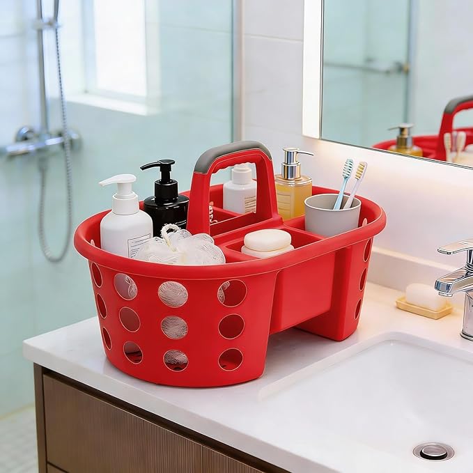 Large Shower Caddy Portable 2PC - Made in USA Plastic Jumbo Size Dorm Storage Candy Tote with Handle Shower Organizer for Bathroom, Pantry, Kitchen, College Dorm, Red/Periwinkle